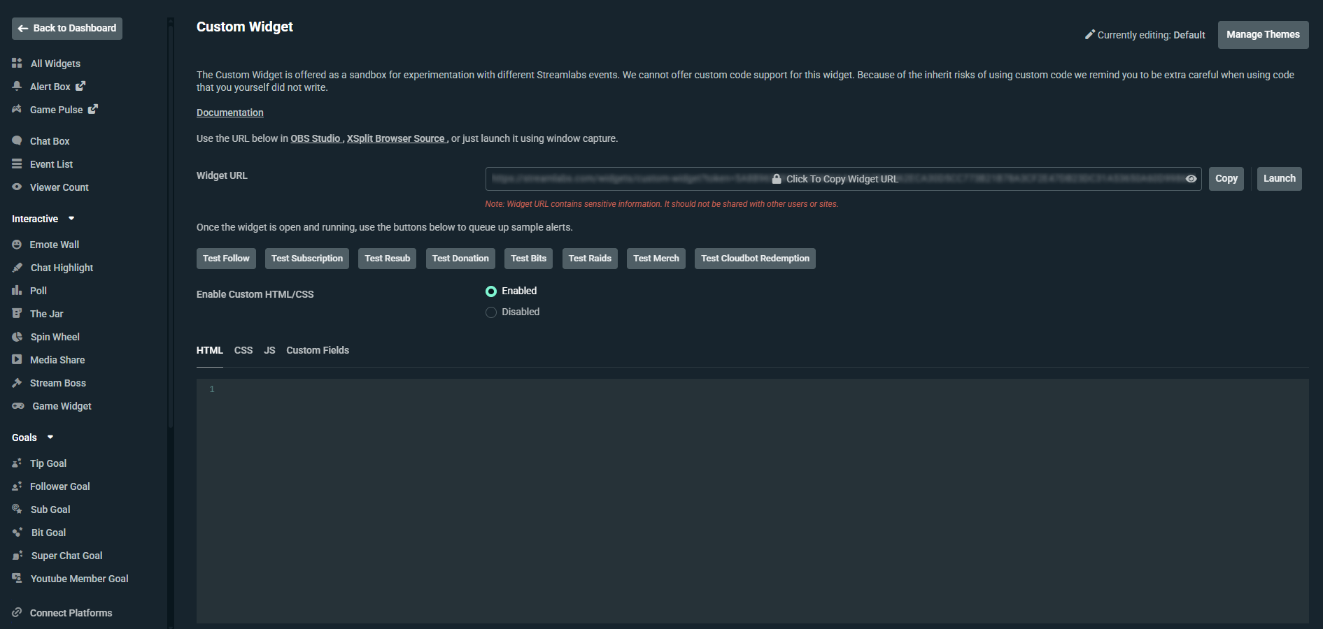 Custom Widget settings in Streamlabs Dashboard